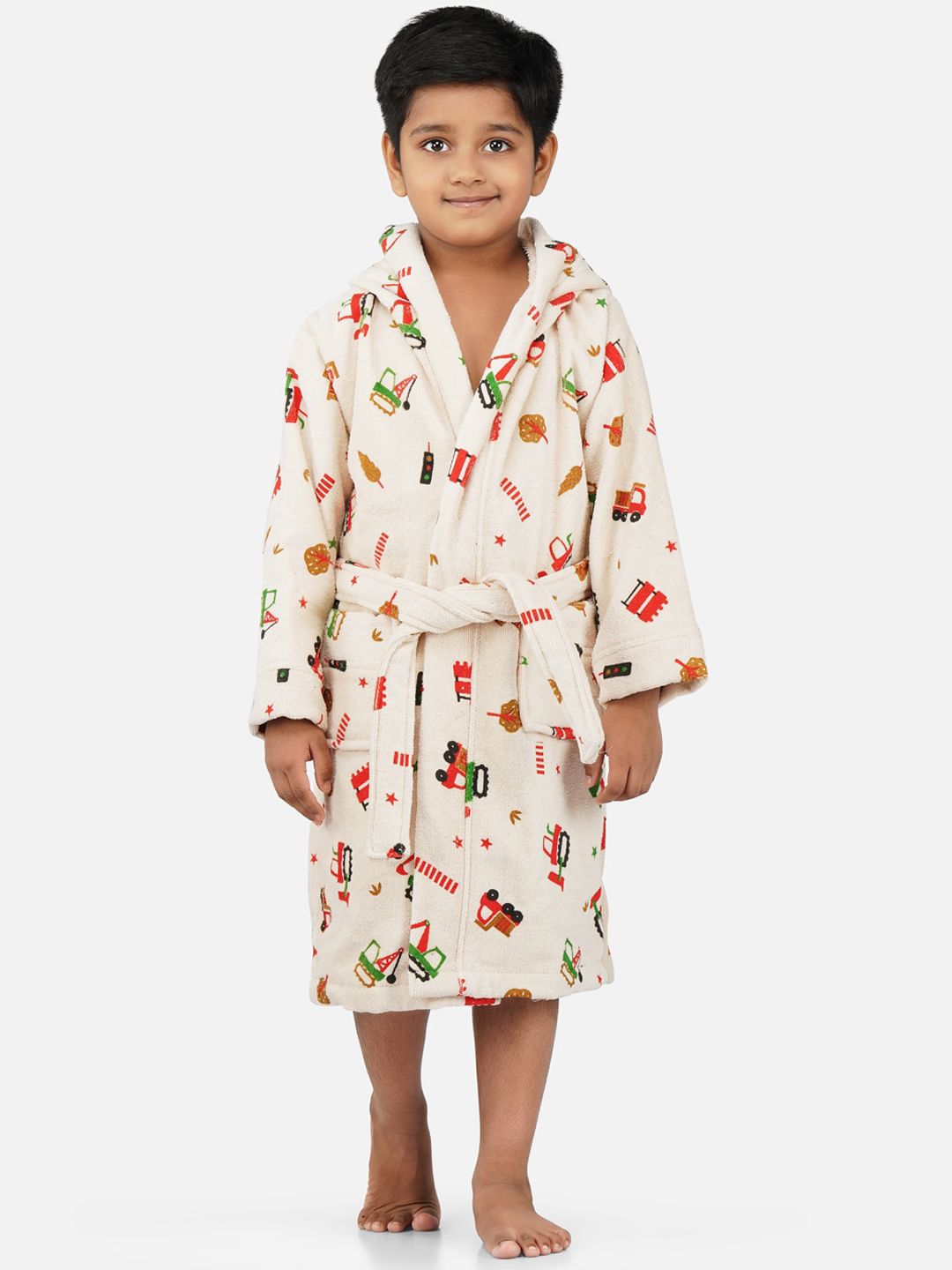 RANGOLI Kids Beige & Orange Printed Pure Cotton Super Absorbent 400 GSM Bath Robe