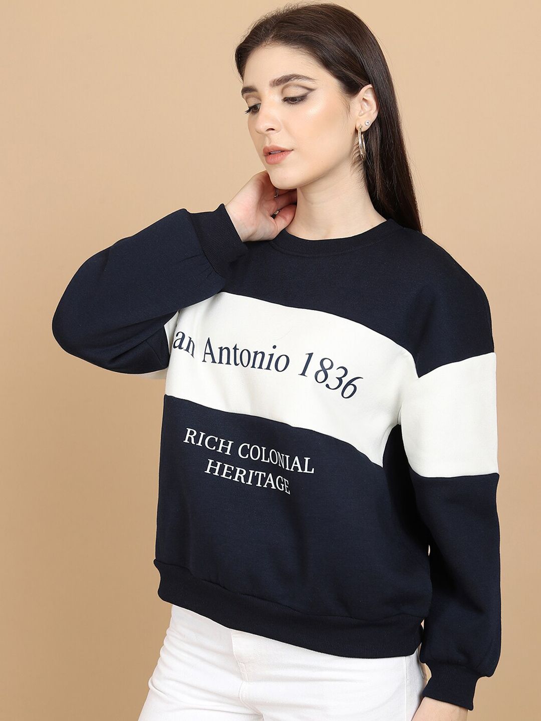 Tokyo Talkies Navy Blue Striped Oversized Pullover Sweatshirt