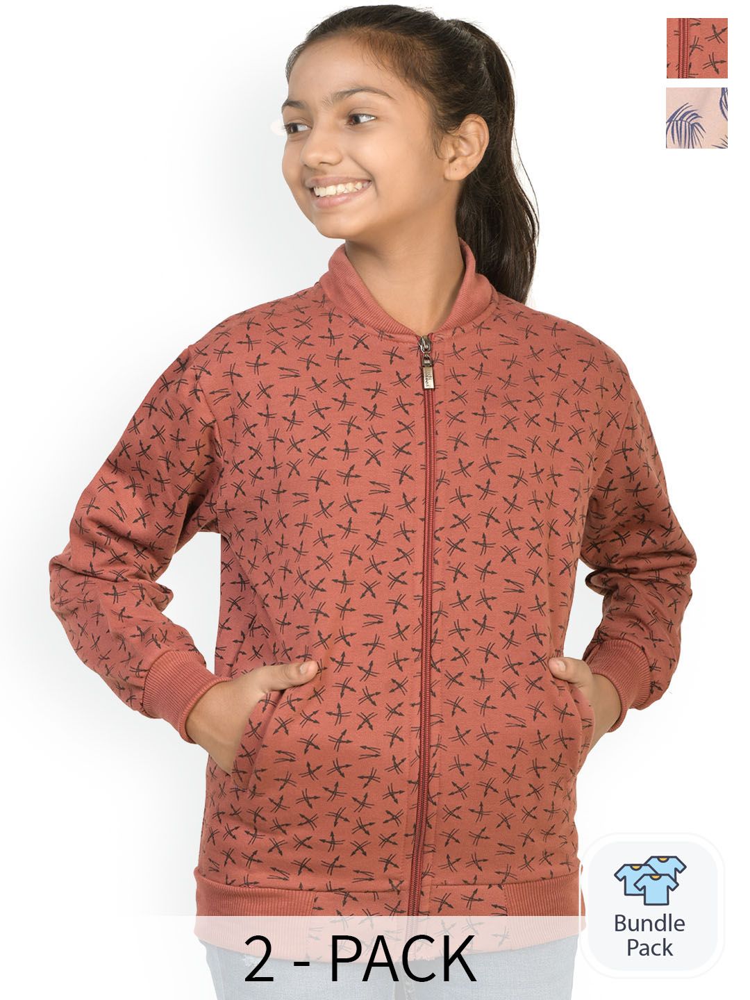 BAESD Girls Pack Of 2 Floral Printed Fleece Lightweight Bomber Jacket-picture-16