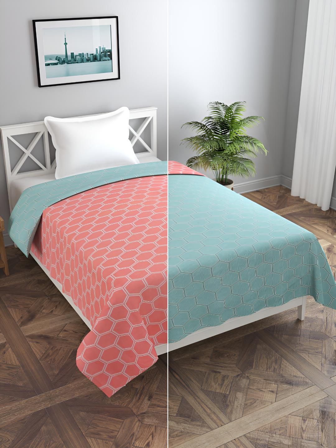 BREVARD Green & Peach colored Printed Reversible Single Duvet Cover-picture-18