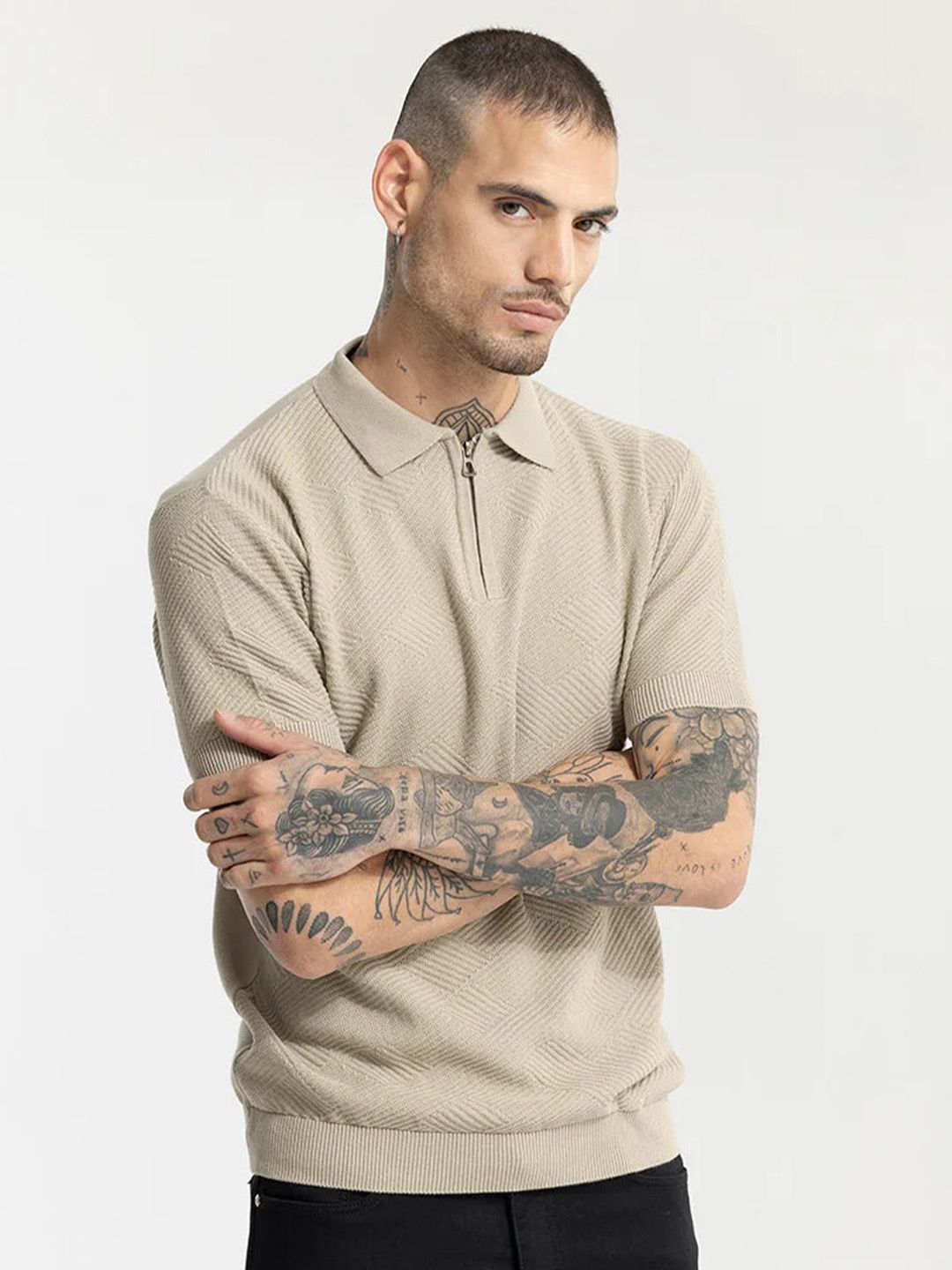 Snitch Beige Crochet Slim Fit Pure Cotton T-shirt-picture-37
