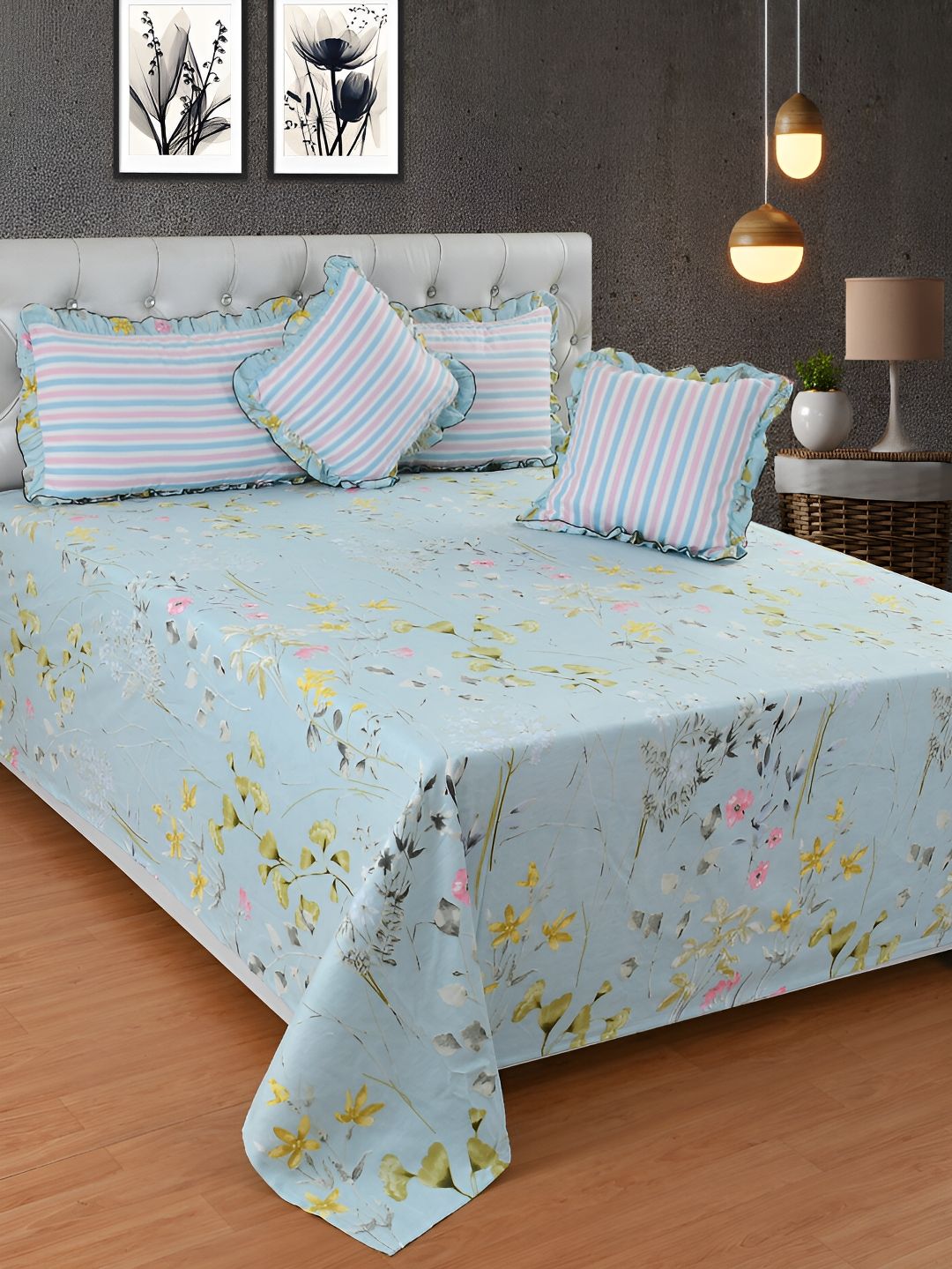 BREVARD Blue Floral Cotton Double King Superfine Bedding Set-image-3