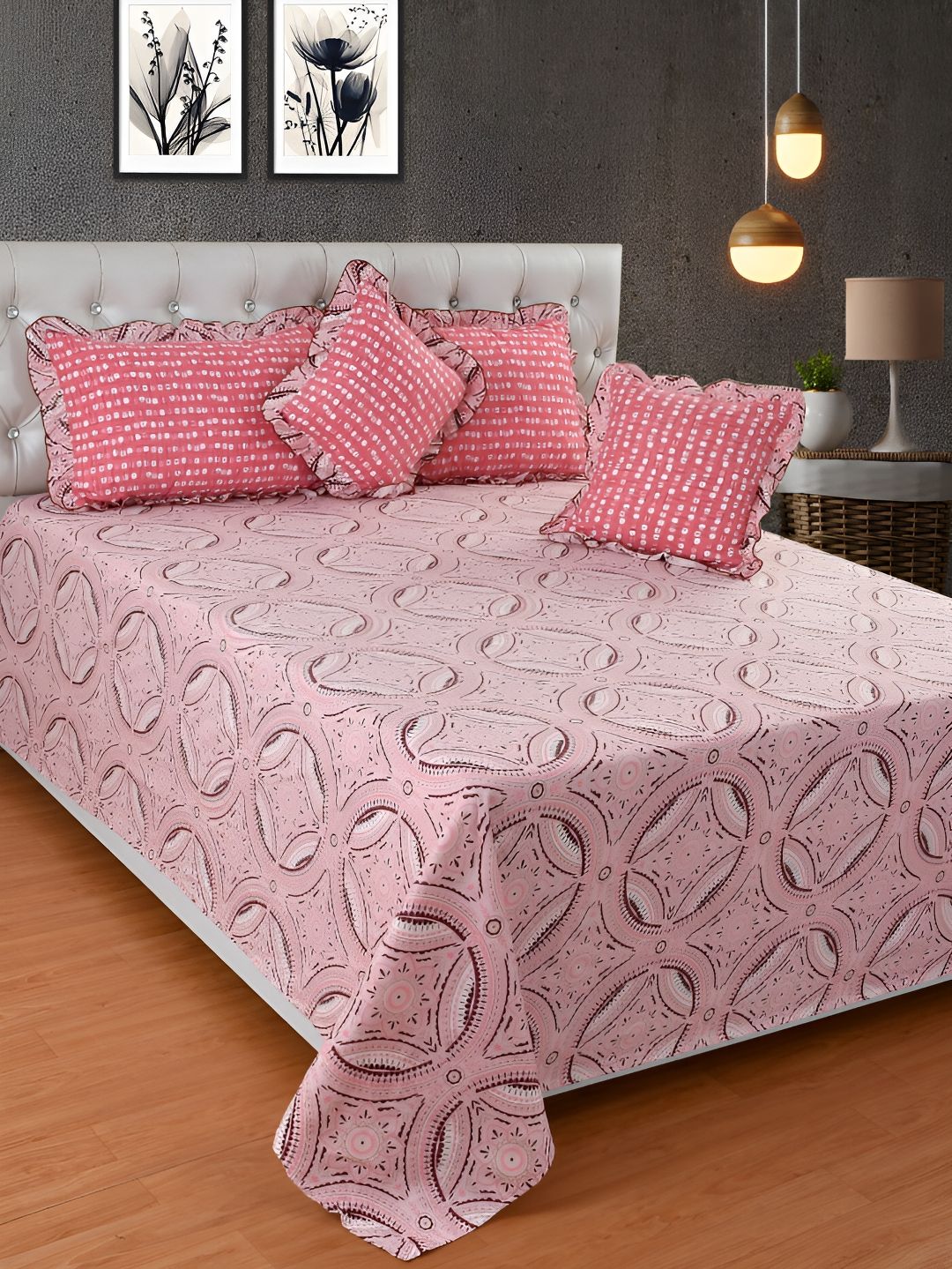 BREVARD Pink Geometric Cotton Double King Superfine Bedding Set-image-48