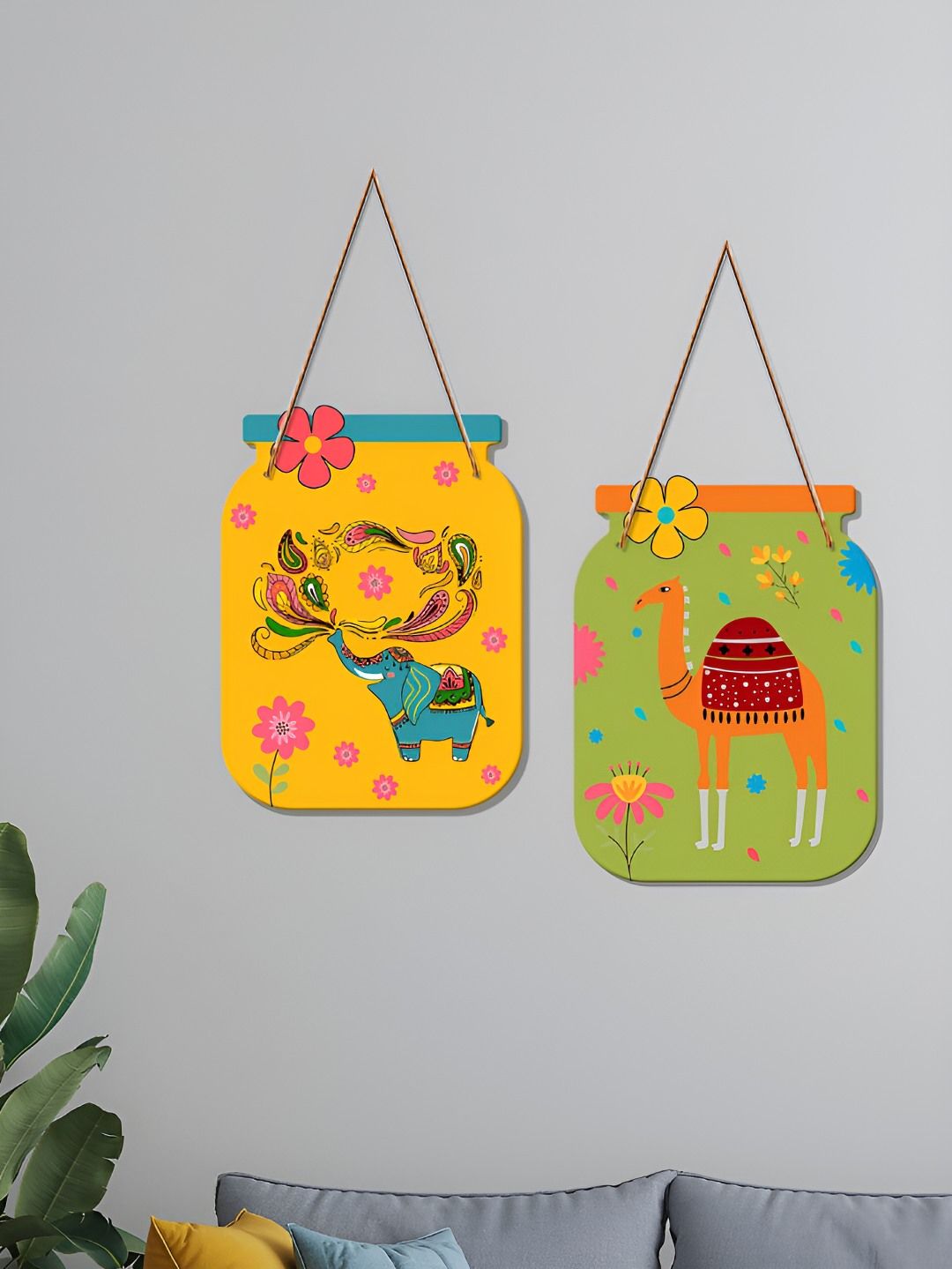 ArtVibes Yellow & Green 2 Pcs Rajasthani Art Decorative Wooden Wall Hangings-picture-37