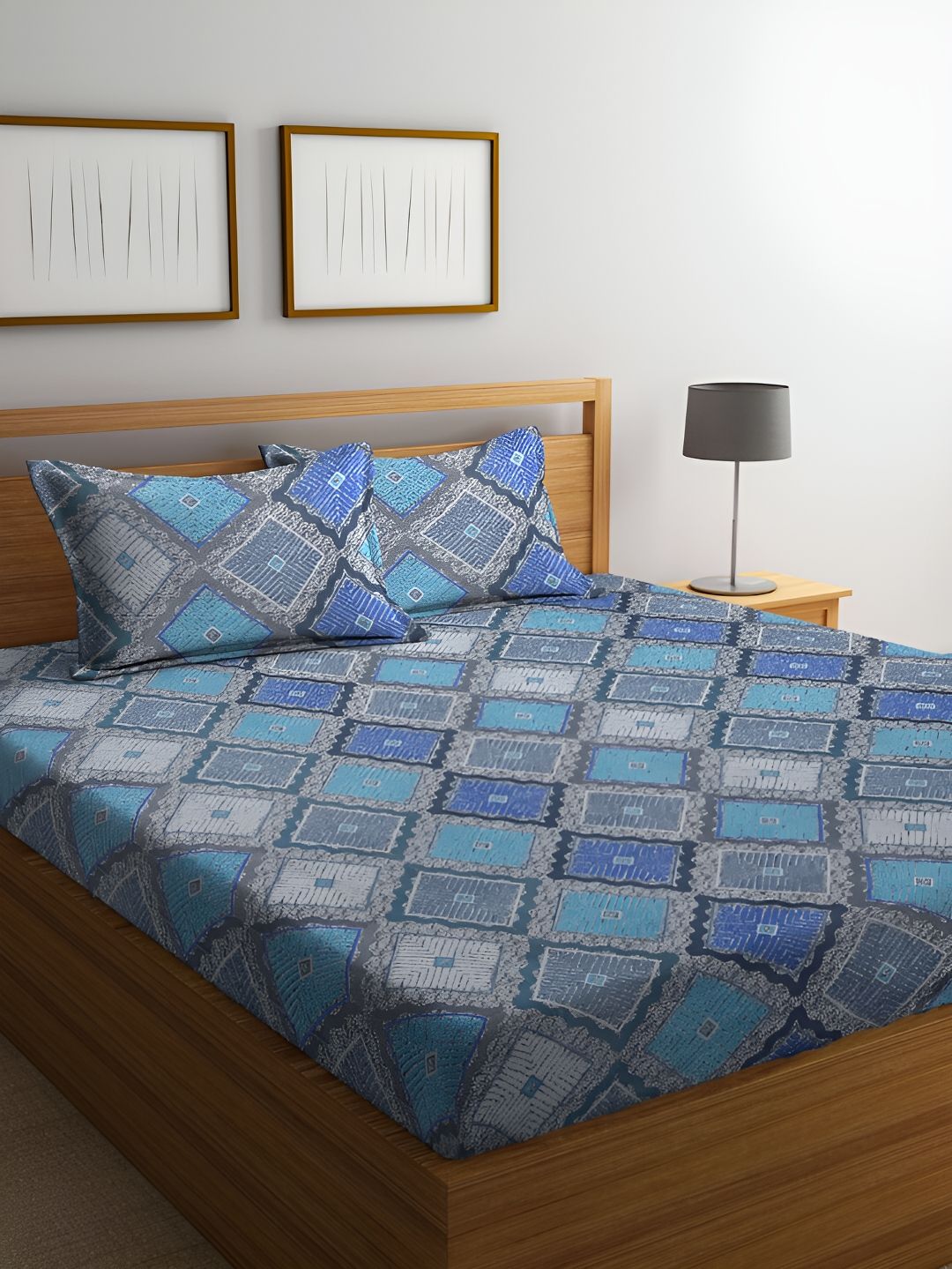 ERIC LONDON Blue & Grey Geometric Microfiber 180 TC Queen Bedsheet With 2 Pillow Covers-image-10
