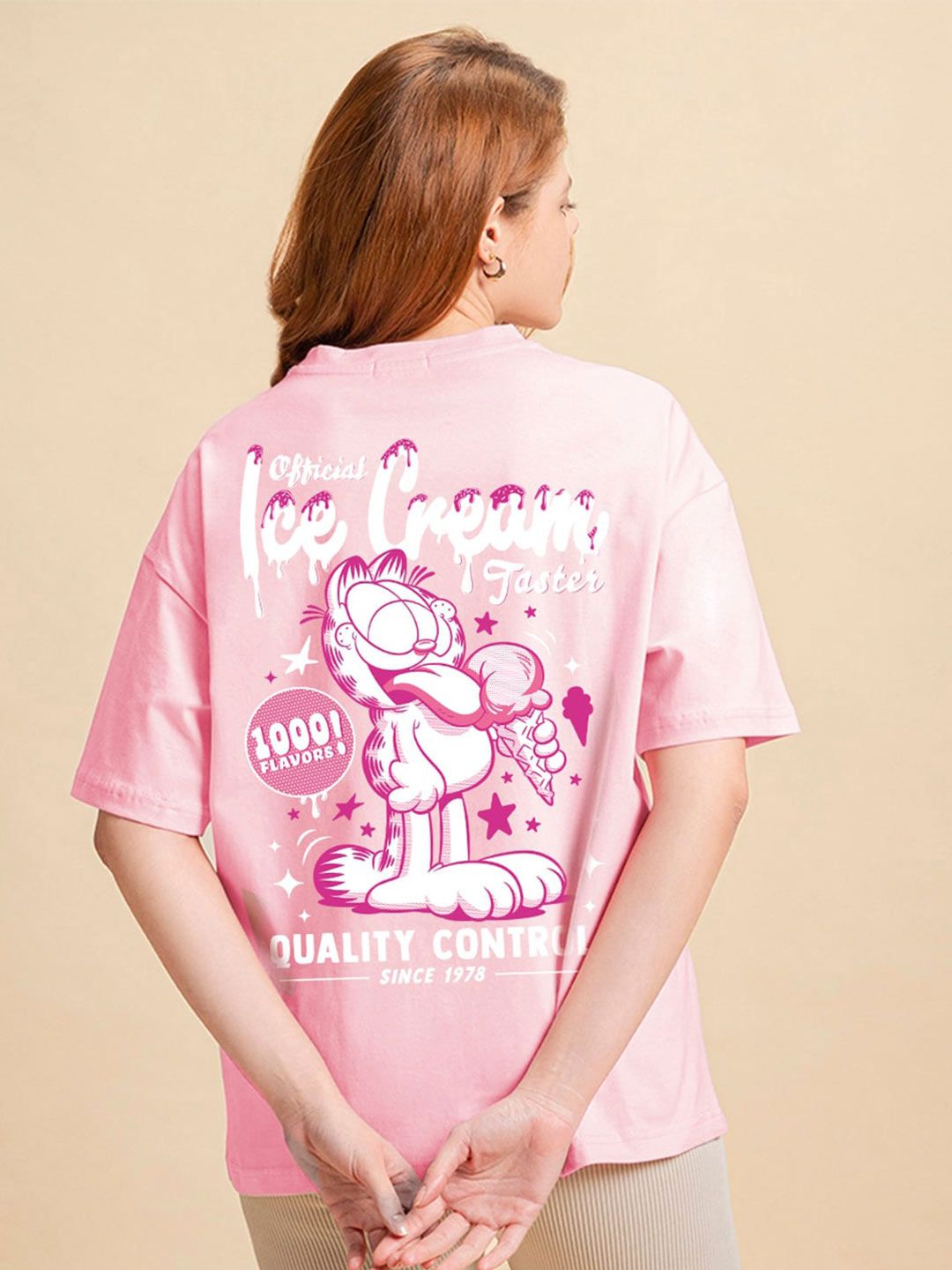 Bewakoof Pink Garfield Graphic Printed Drop-Shoulder Sleeves Oversized Fit Cotton T-shirt