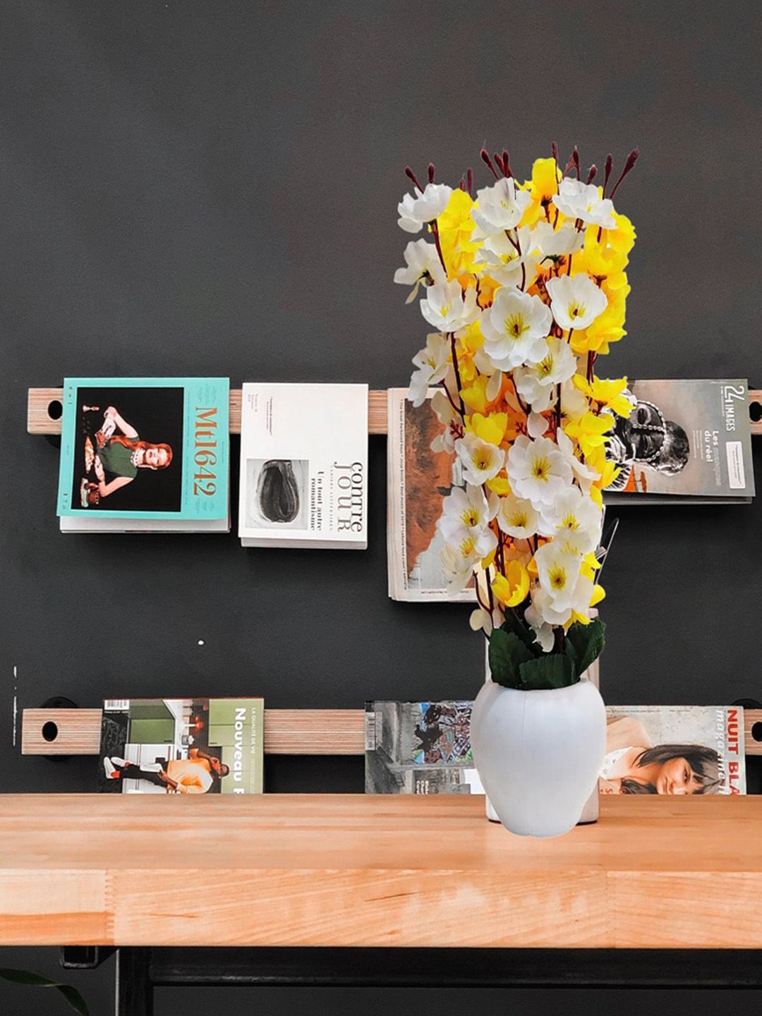 ARTSY Yellow & White Cherry Blossom Flowers With Pot