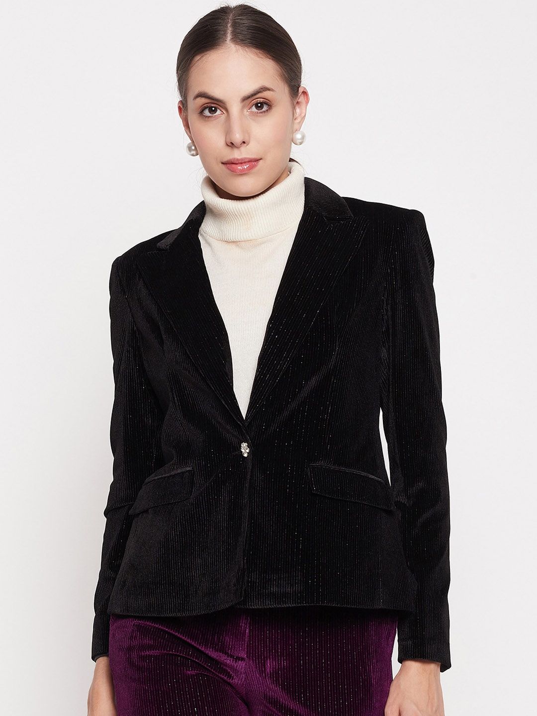 Madame Self Design Notched Lapel Collar Single-Breasted Formal Blazer