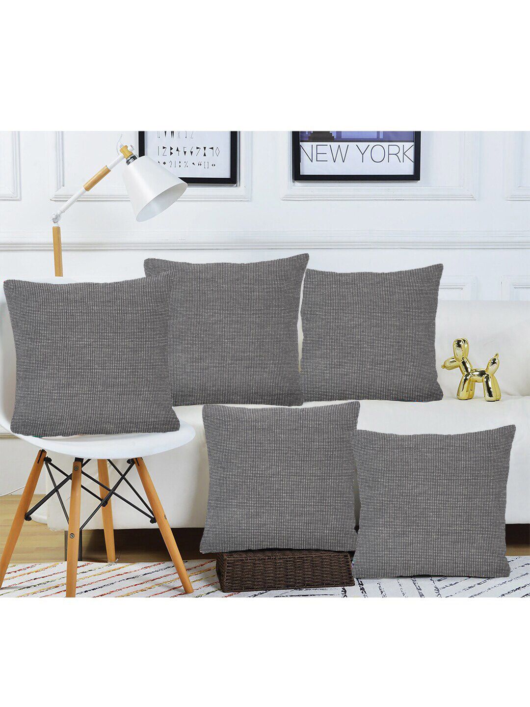 KLOTTHE Grey 5 Pieces Self Design Pure Cotton Cushion Covers-picture-18