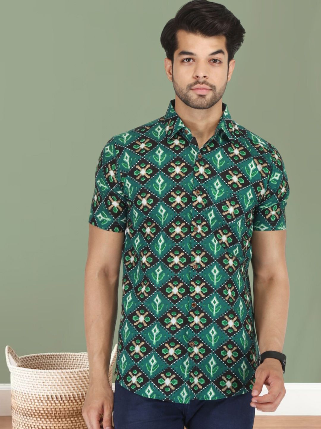 BASE 41 Slim Fit Ethnic Motifs Printed Cotton Casual Shirt-picture-20