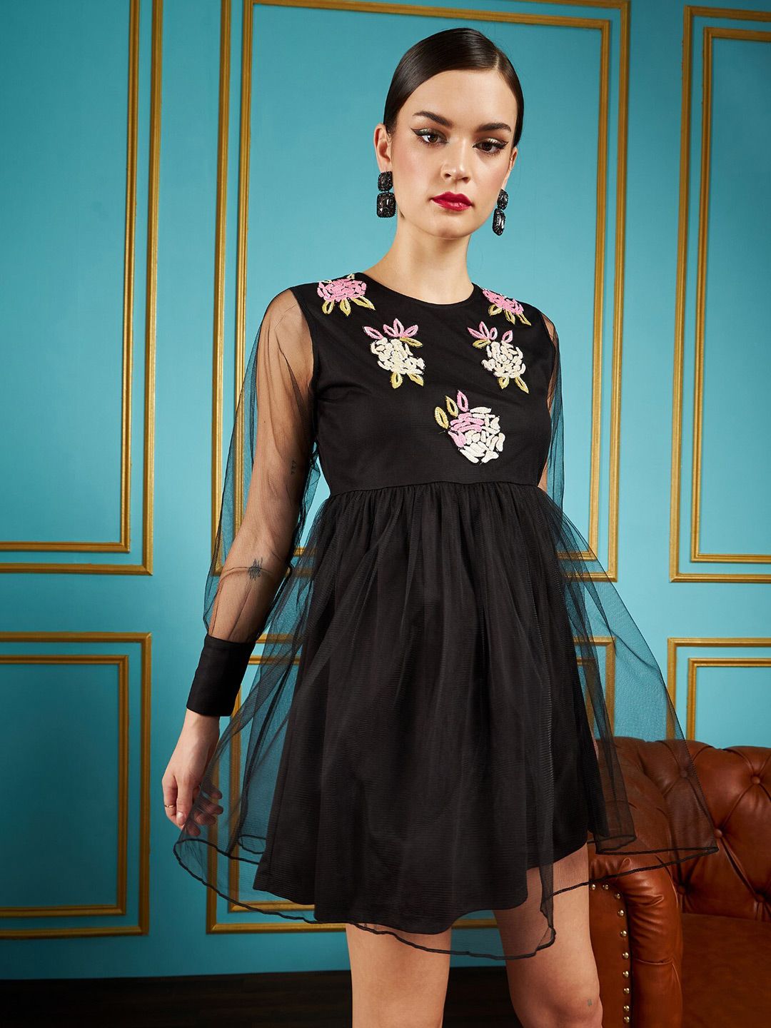 SASSAFRAS Black Floral Embellished Detailed Gathered Detailed Net Fit & Flare Mini Dress