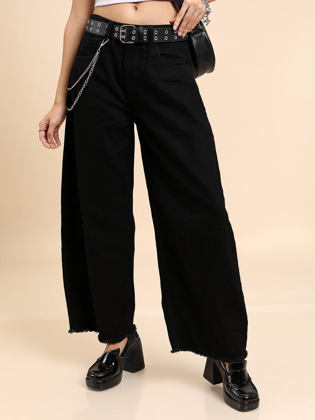 Tokyo Talkies Women Black Flared Clean Look Frayed Hem Cotton Jeans-picture-31