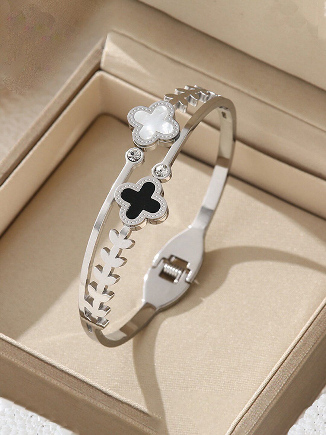 Designs & You Silver-Plated Stone-Studded Stainless Steel Bangle-Style Bracelet-picture-17