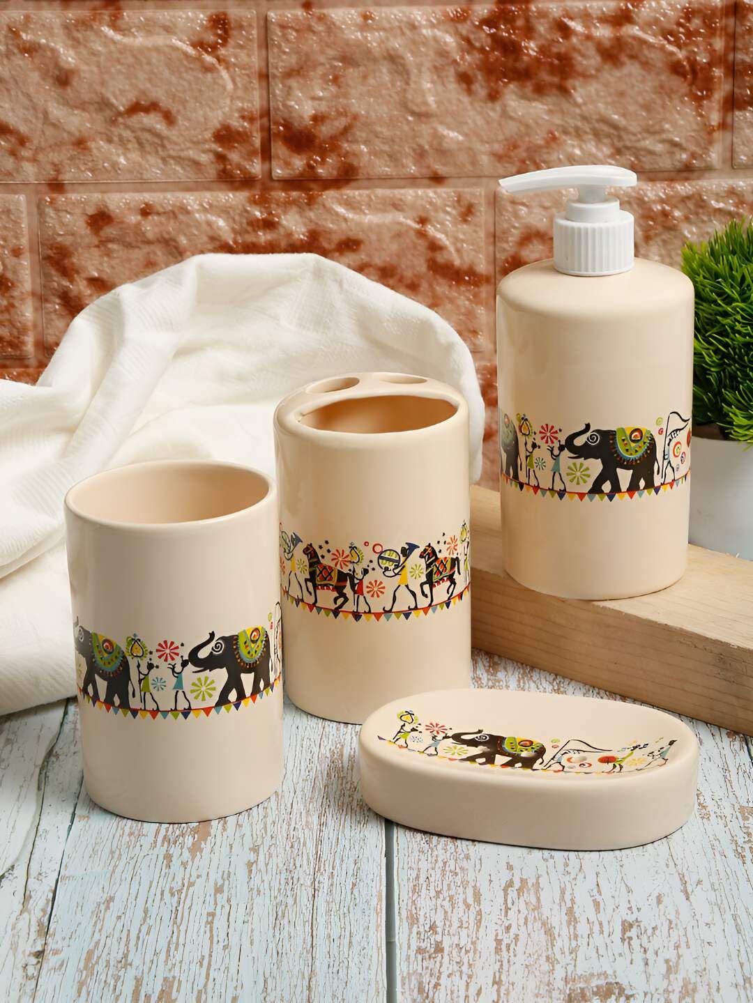 Shilpkara Beige Ceramic Solid Bath Accessories Set-image-4
