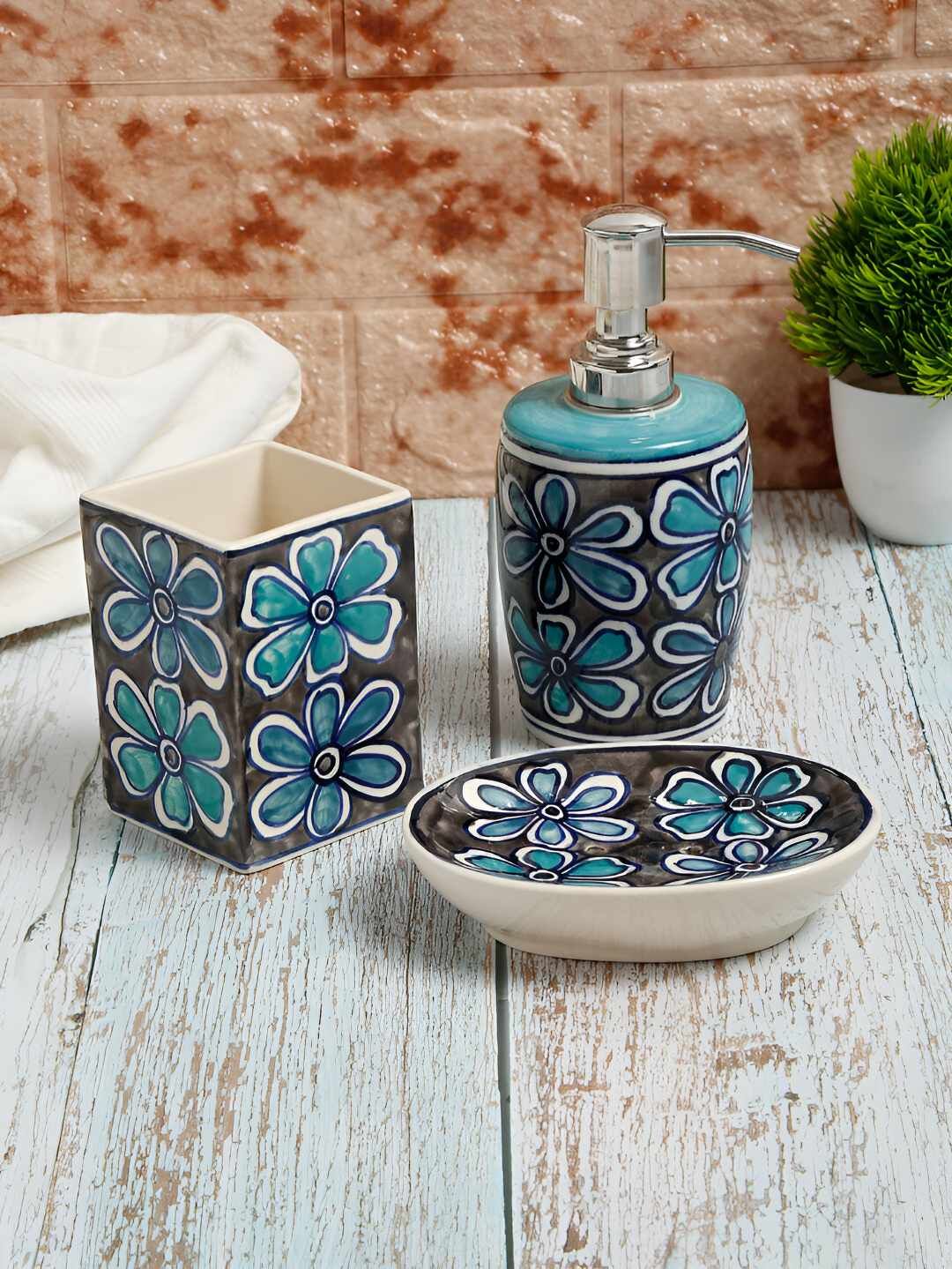 Shilpkara Grey & Blue 3 Ceramic Bath Accessories Set-image-39