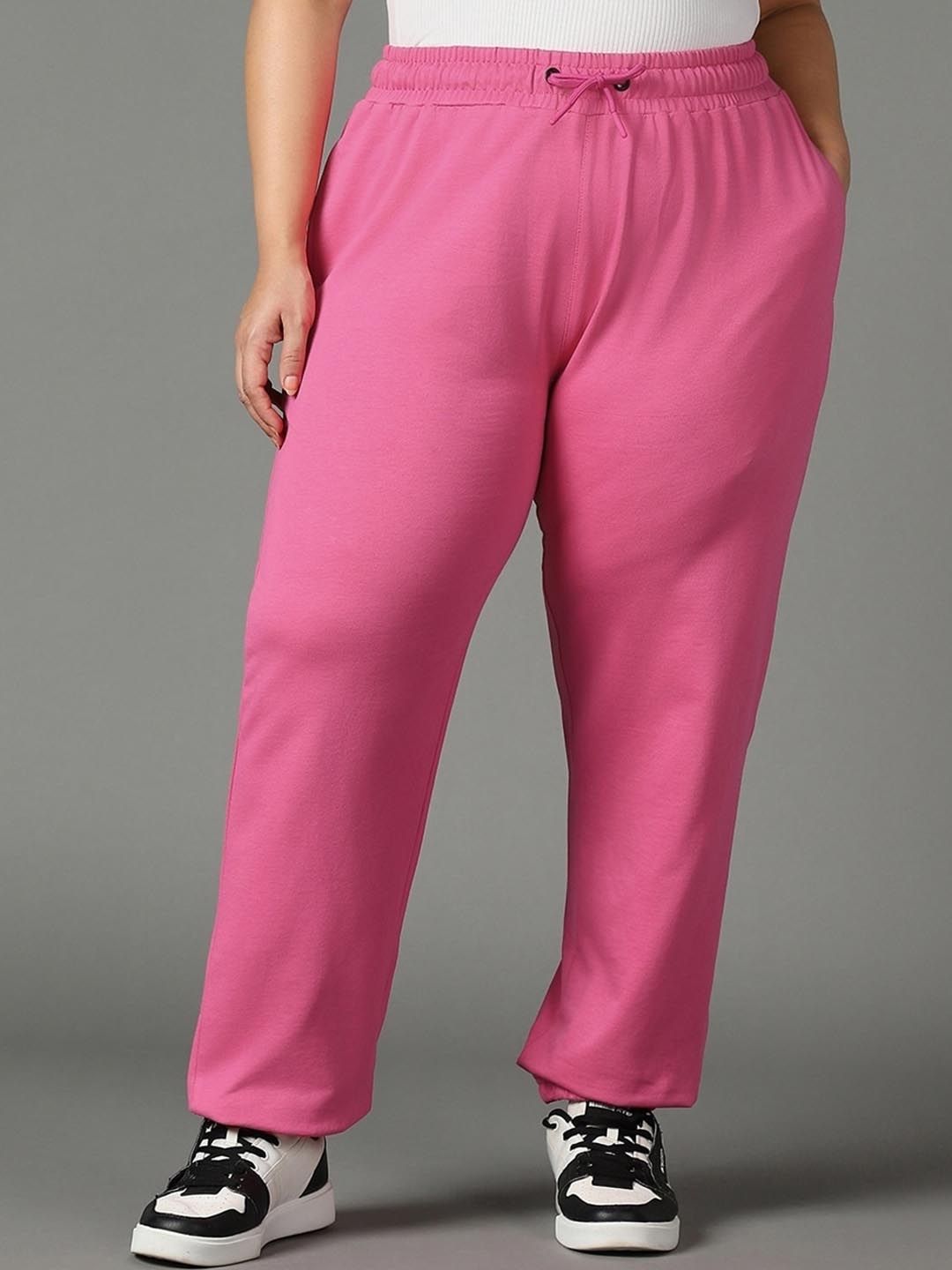 Women Pink Solid Cotton Relaxed-Fit Track Pants