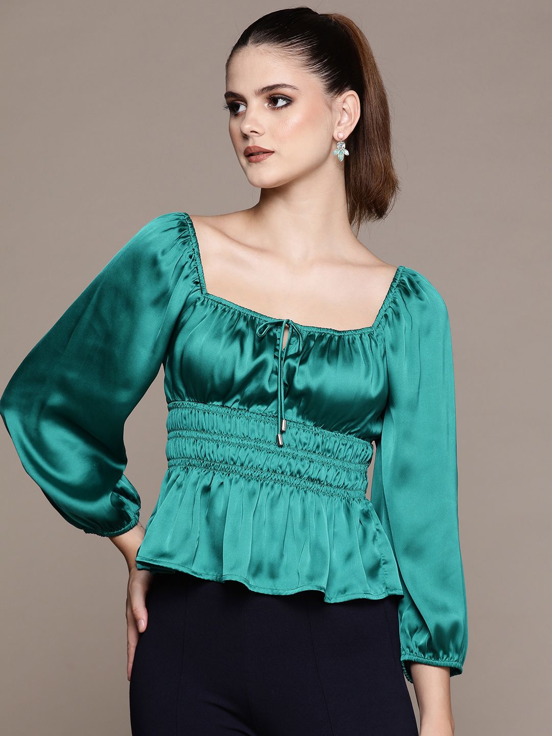 Label Ritu Kumar Tie-Up Neck Puff Sleeve Smocked Bardot Top-picture-58