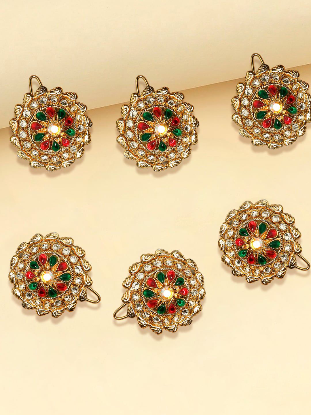 OOMPH Set Of 6 Stone Studded & Beaded Bun Hair Pins-picture-33