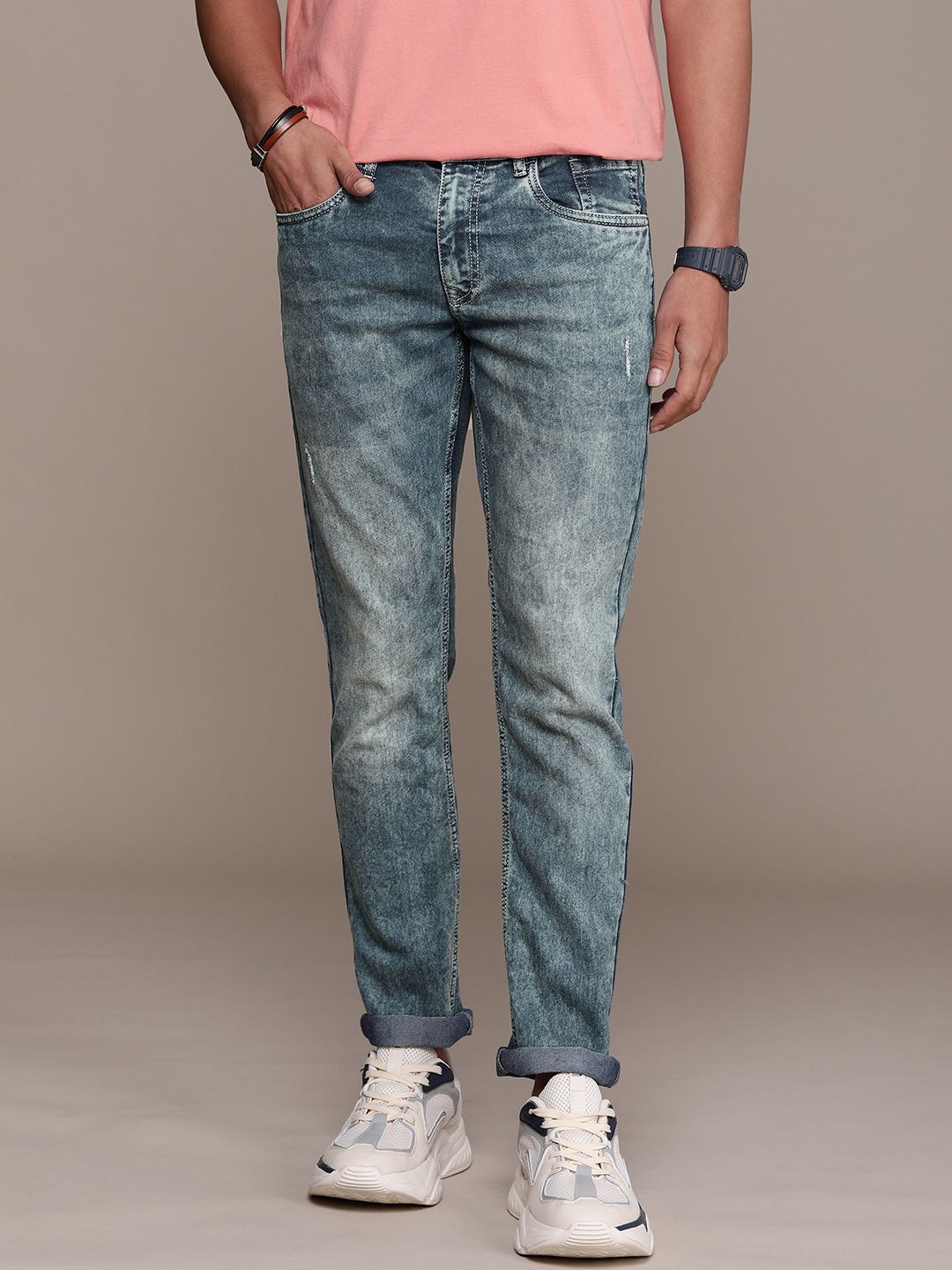 WROGN Men Slim Fit Low Distress Heavy Fade Stretchable Jeans-picture-28