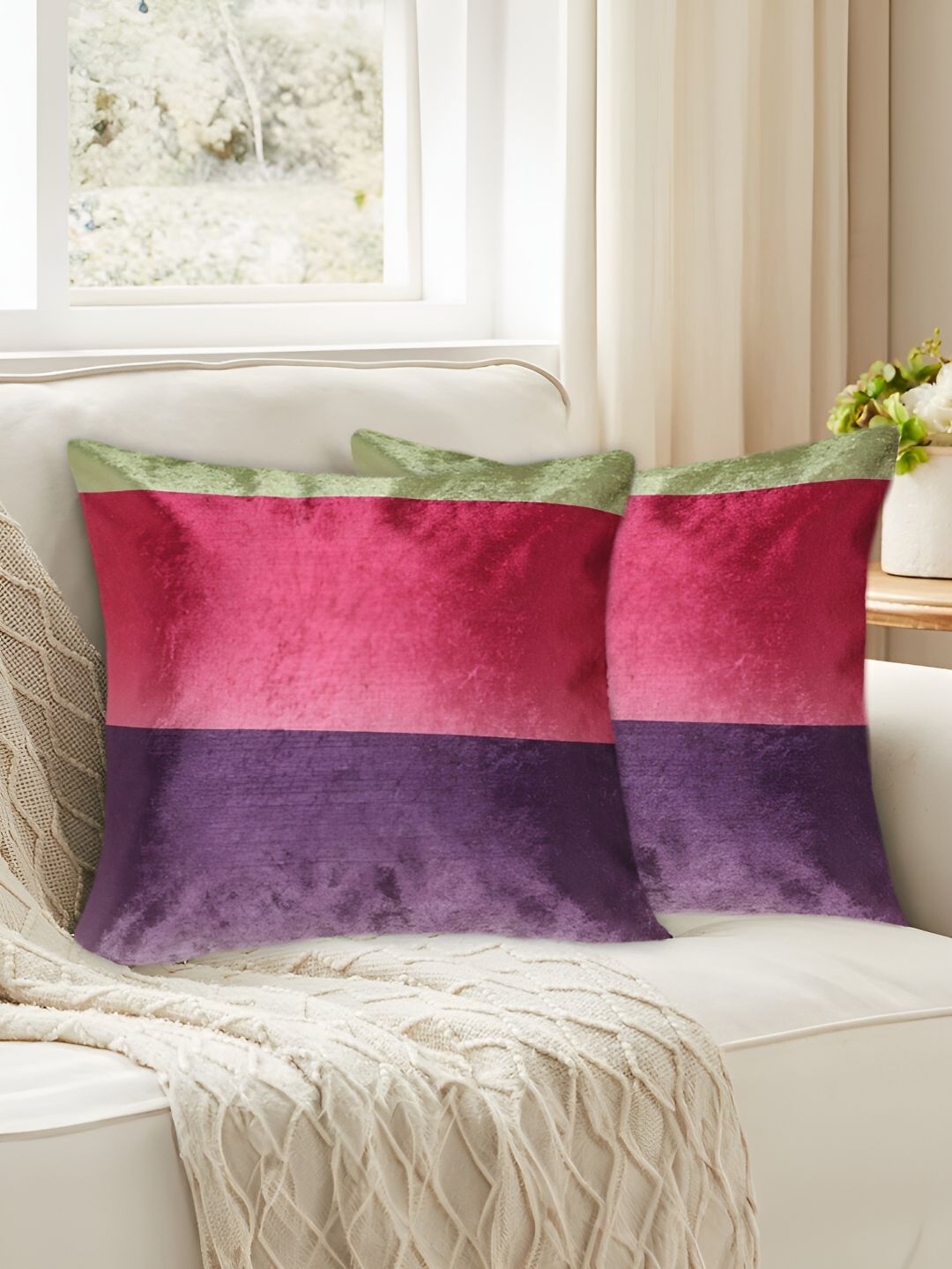 Tesmare Purple & Magenta 2 Pieces Striped Velvet Square Cushion Covers-picture-16