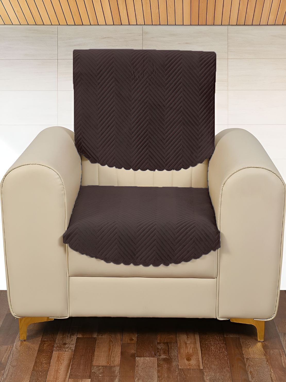 Sparrow world Coffee Brown 2 Piece Quilted Velvet 1 Seater Sofa Cover-picture-36