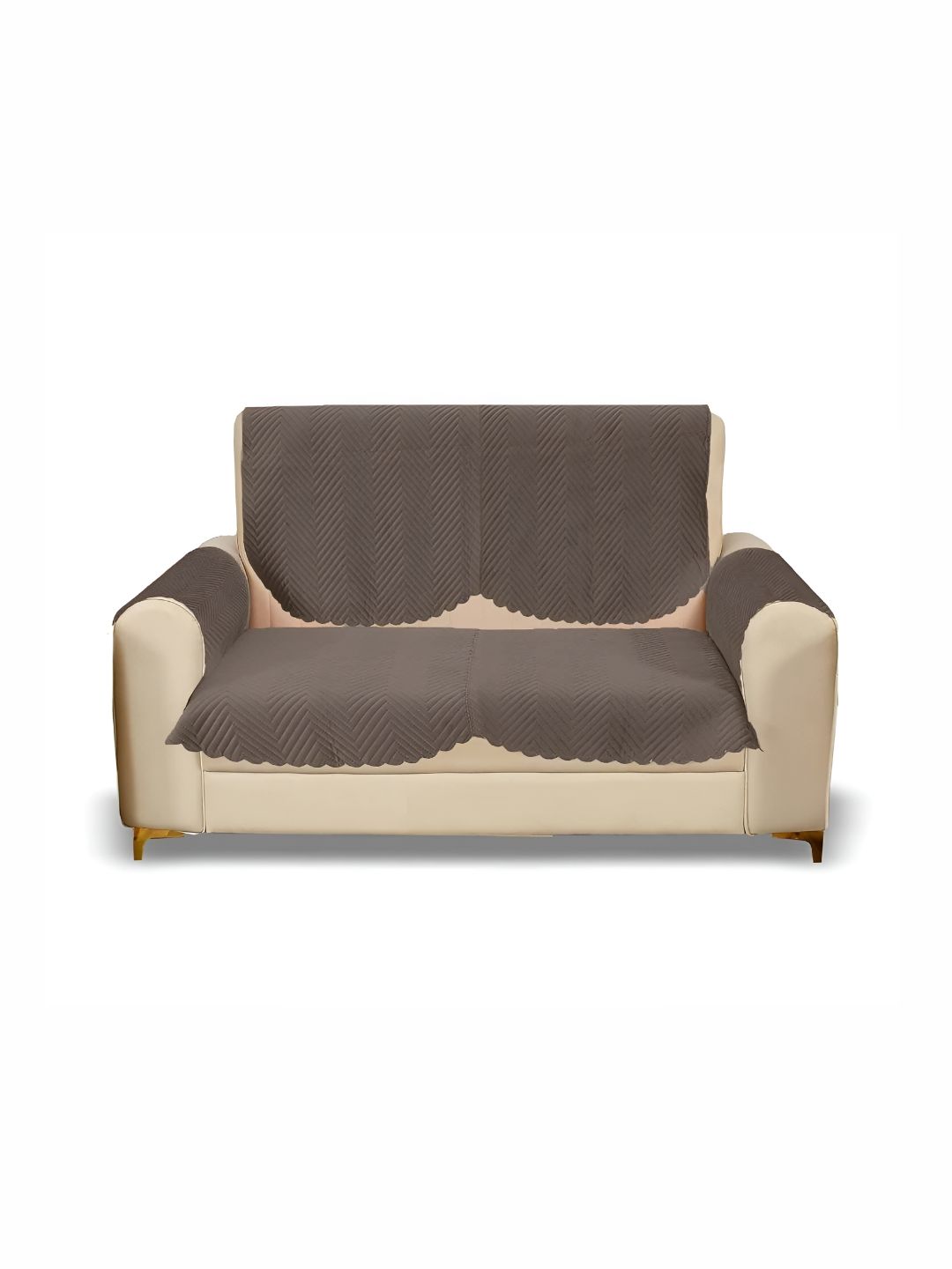Sparrow world Brown 4 Pieces Quilted Velvet 2 Seater Sofa Covers With Arms-picture-12