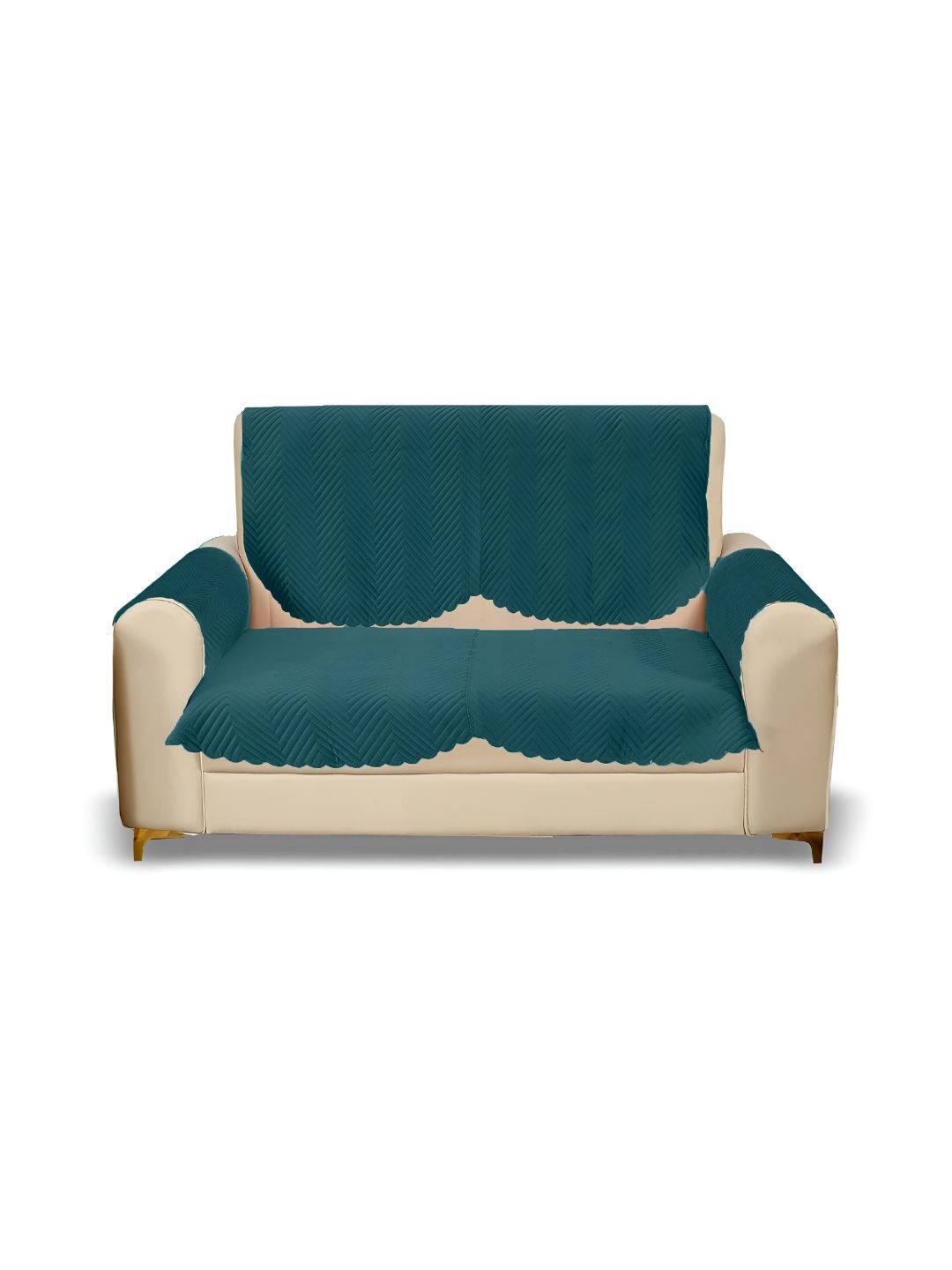 Sparrow world Teal Green 4 Pieces Quilted Velvet 2 Seater Sofa Covers With Arms-picture-10