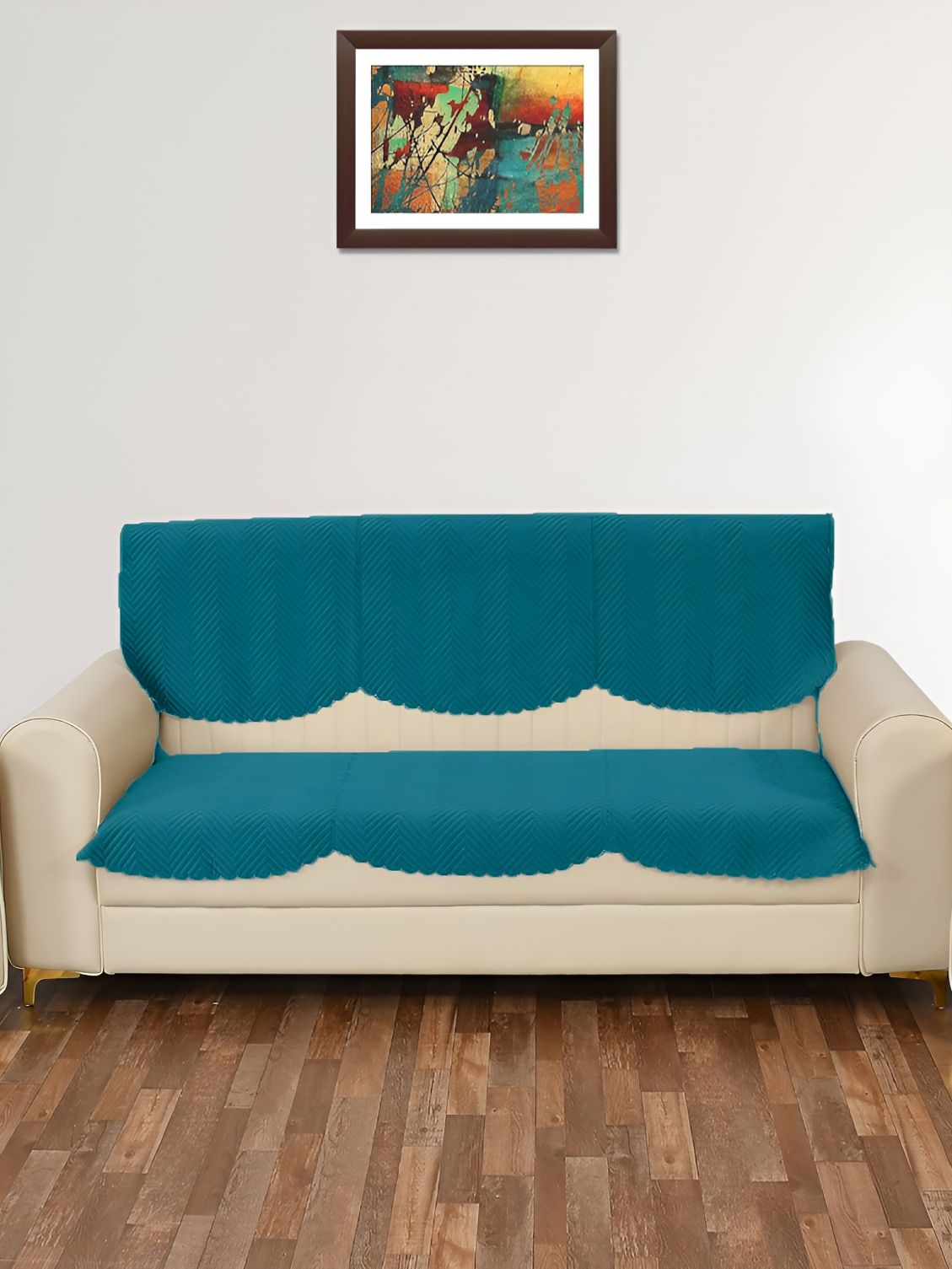 Sparrow world Teal Blue 2 Pieces Velvet Quilted 3 Seater Sofa Covers Without Arms-picture-25