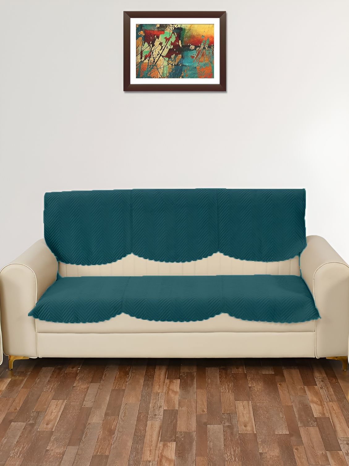 Sparrow world 6 Pcs Teal Green Quilted 3 Seater Velvet Sofa Cover-image-31