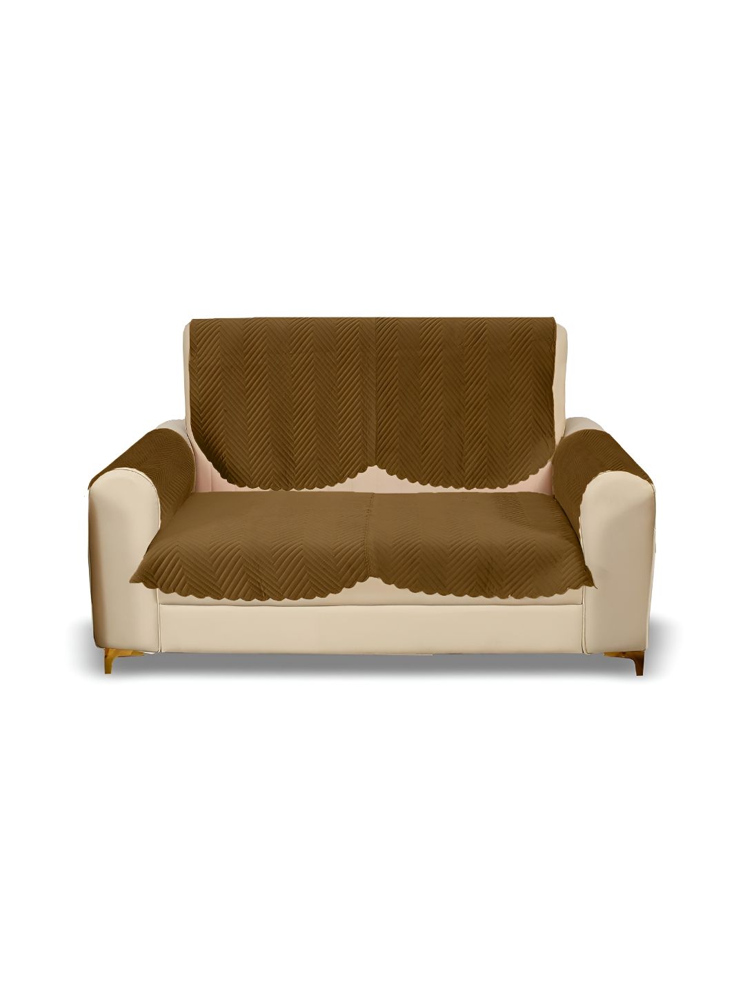 Sparrow world Brown 4 Pieces Quilted Self Design Velvet 2 Seater Sofa Cover With Arms-picture-5