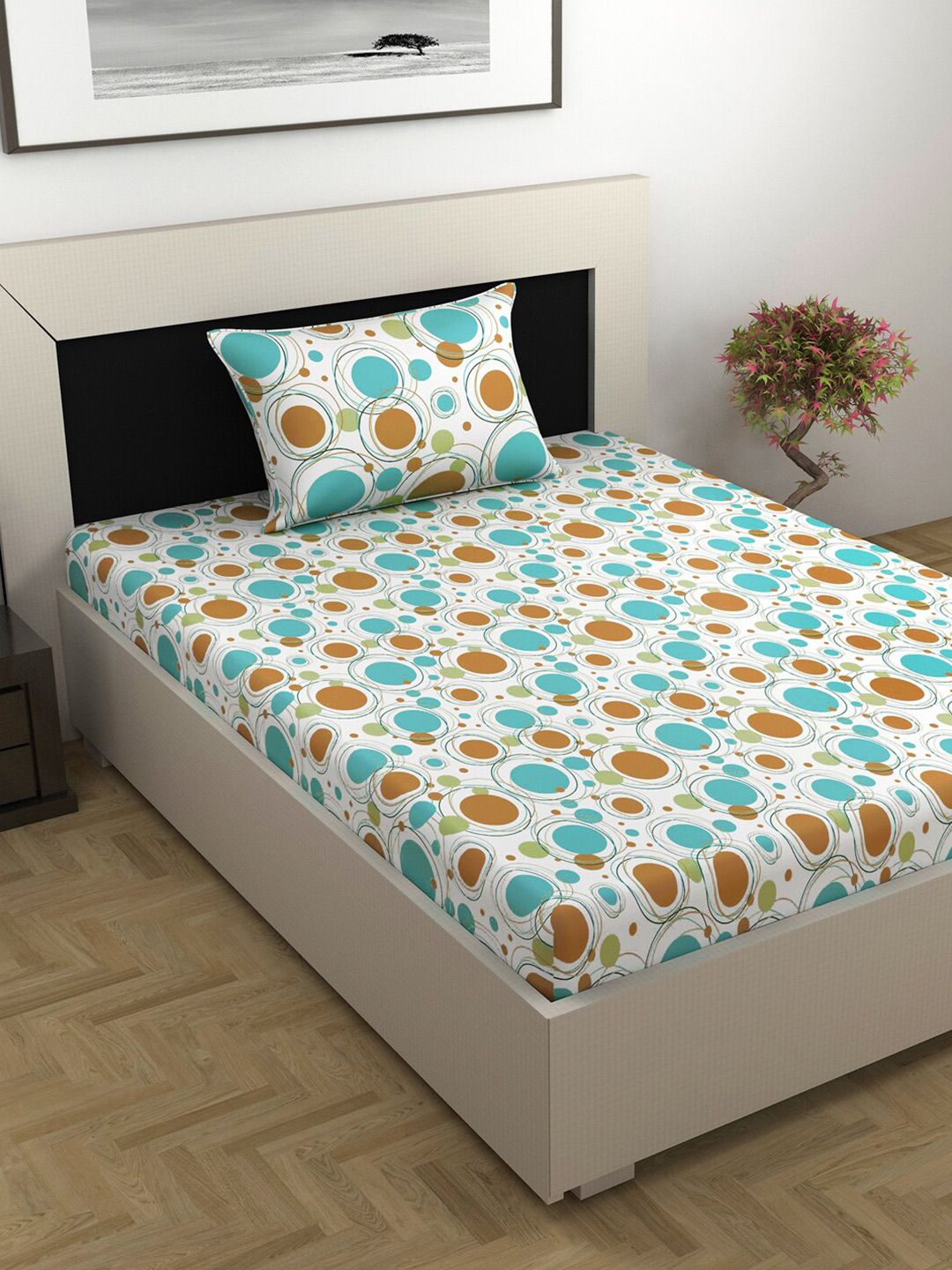 Divine Casa Emerald White Abstract Cotton 144 TC Single Bedsheet with 1 Pillow Cover-picture-12
