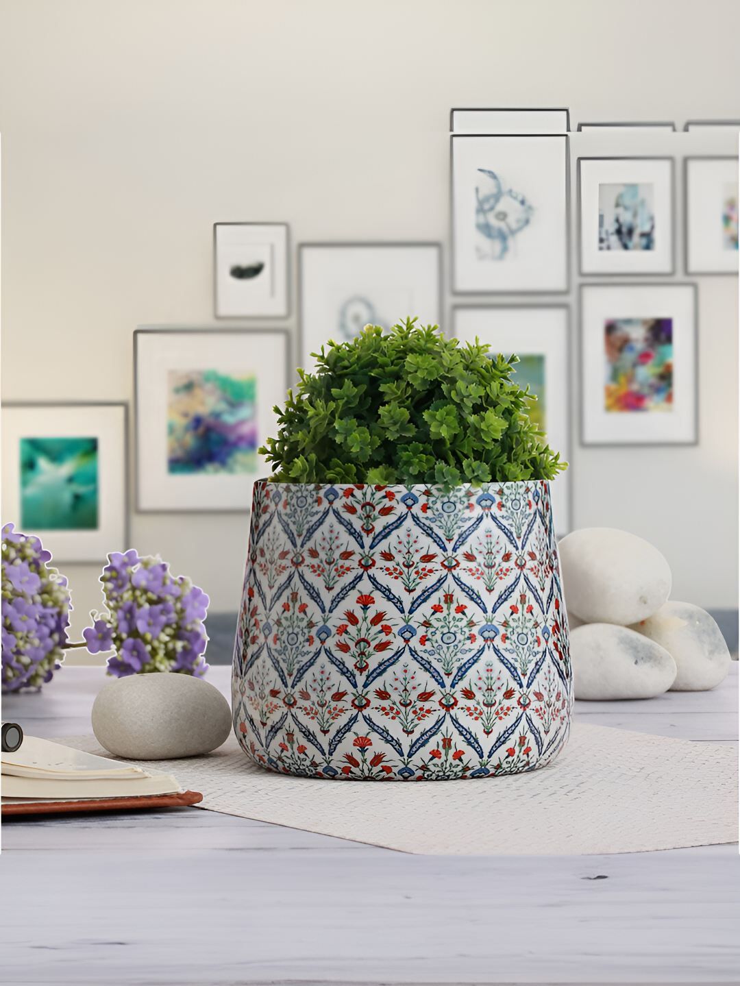 Homspurts White & Blue Meena Printed Metal Planter-picture-14