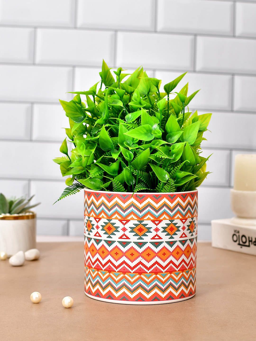 TAYHAA White & Green Ethnic Printed Ceramic Planter-picture-29