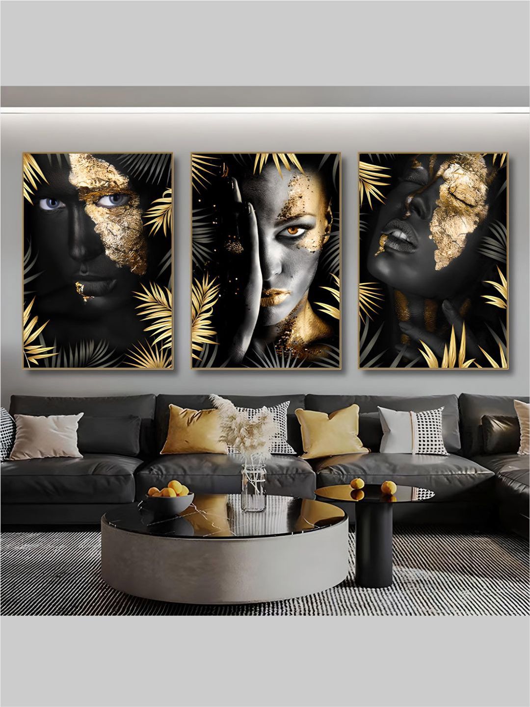 The Art House 3 Pcs Black & Golden Masked Face Wall Painting-picture-19