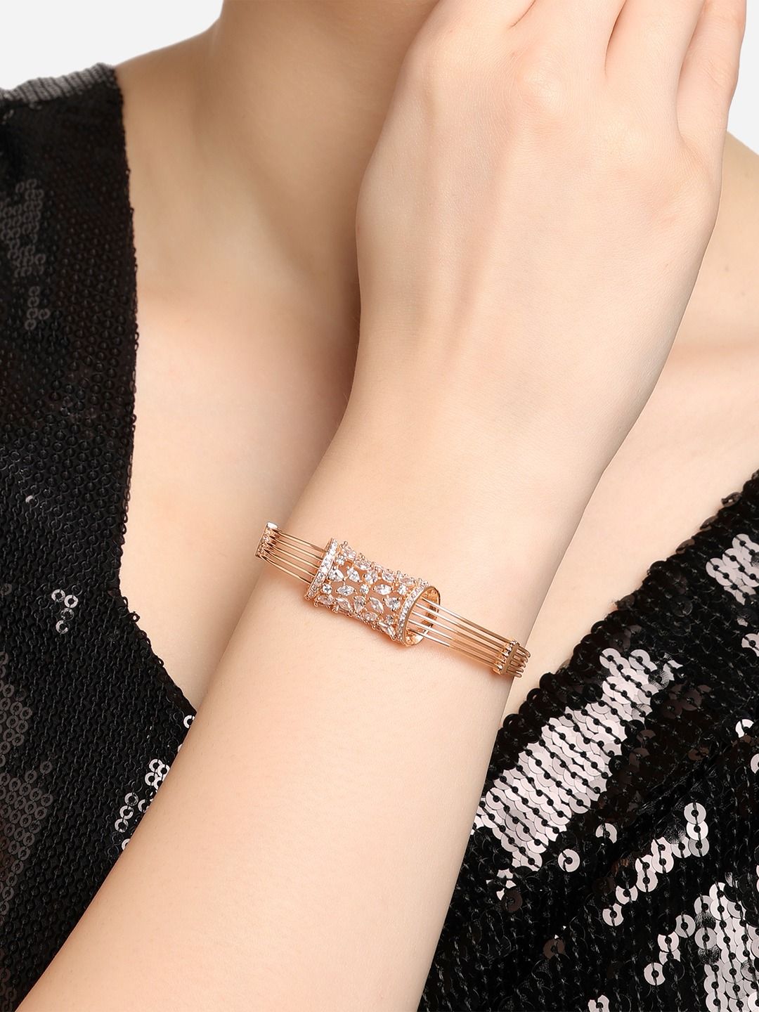 Zaveri Pearls Brass Cubic Zirconia Rose Gold-Plated Link Bracelet-picture-36