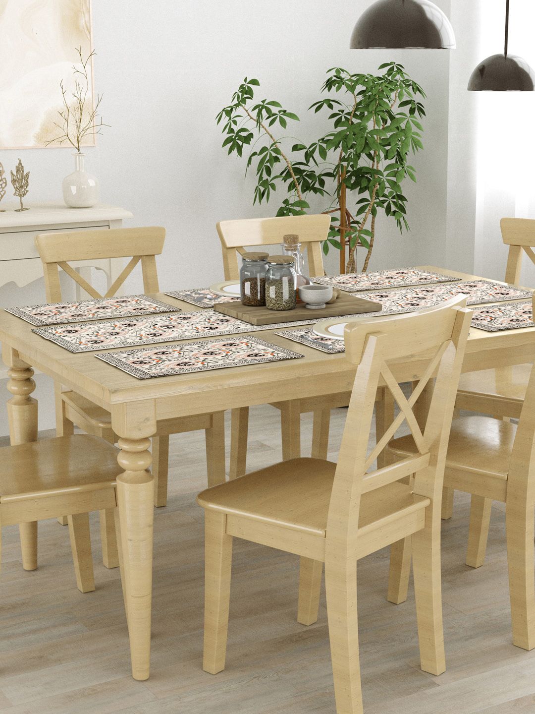 BLOCKS OF INDIA 7 Pcs Beige & Brown Printed Pure Cotton Table Placemats & Runner-image-20