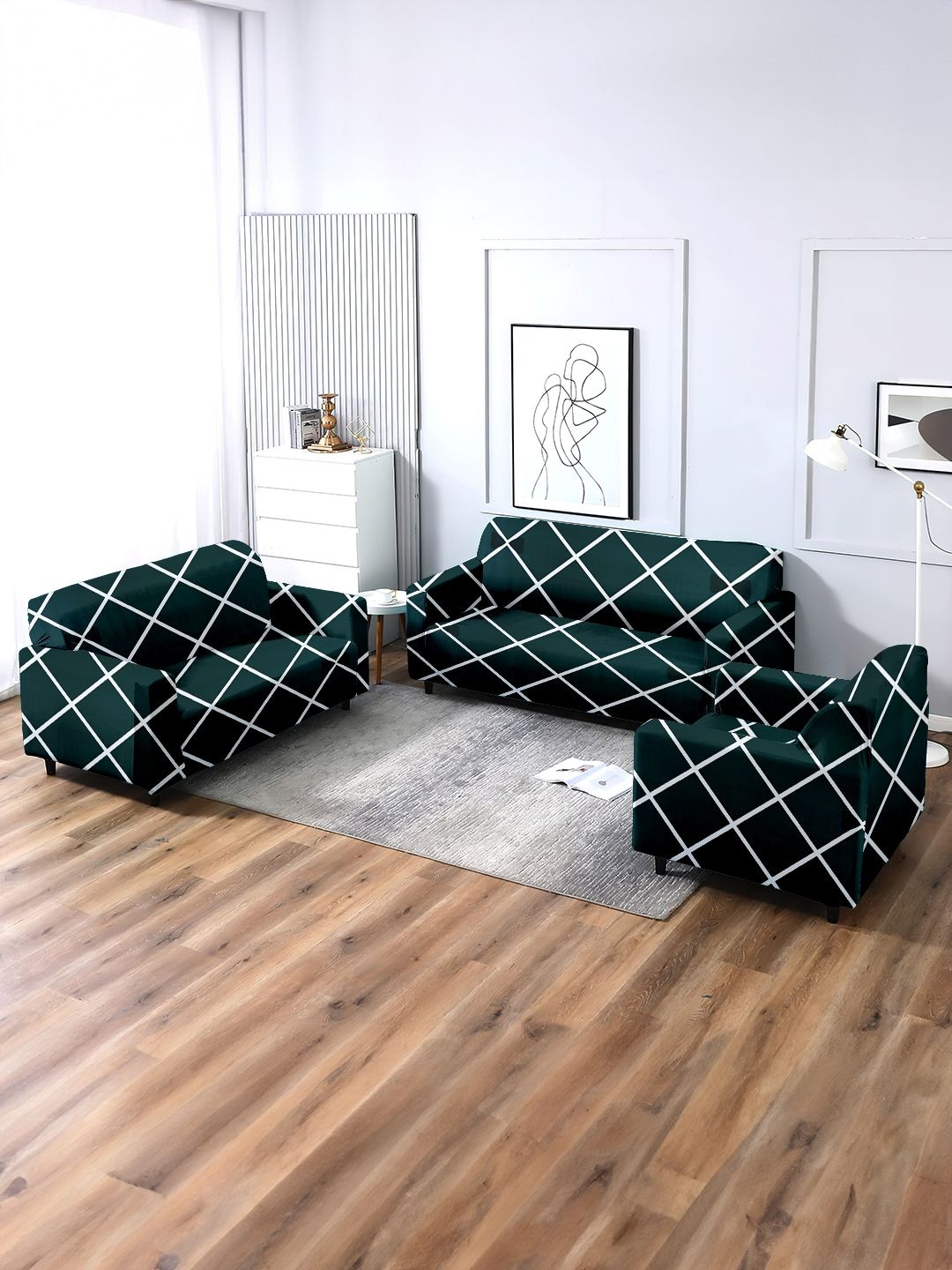 Cortina 3 Pcs Green & White Printed Stretchable Sofa Cover Set-image-49