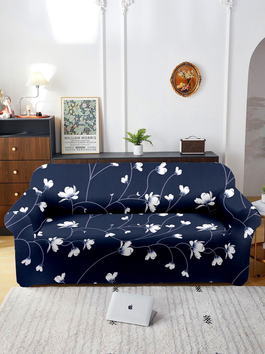 Cortina 3 Pcs Navy Blue Floral Printed Stretchable Sofa Cover Set-picture-15