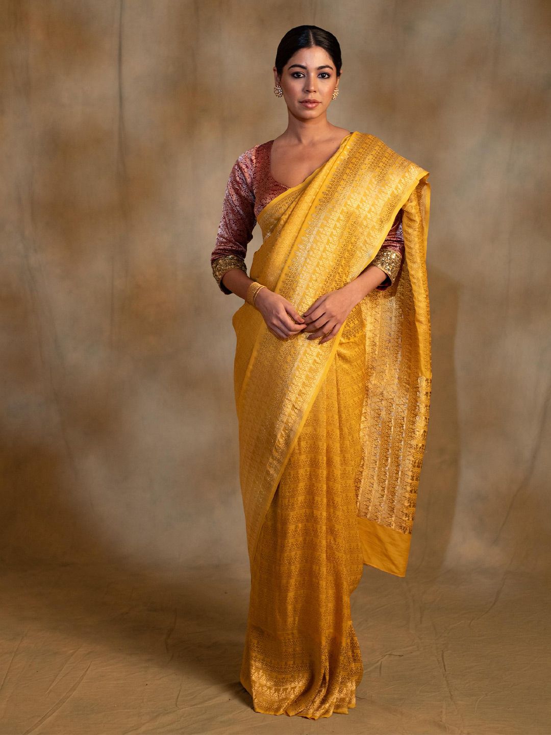 PriyankaRaajiv Gudi yellow Ethnic Motifs Woven Design Pure Georgette Banarasi Saree-picture-21