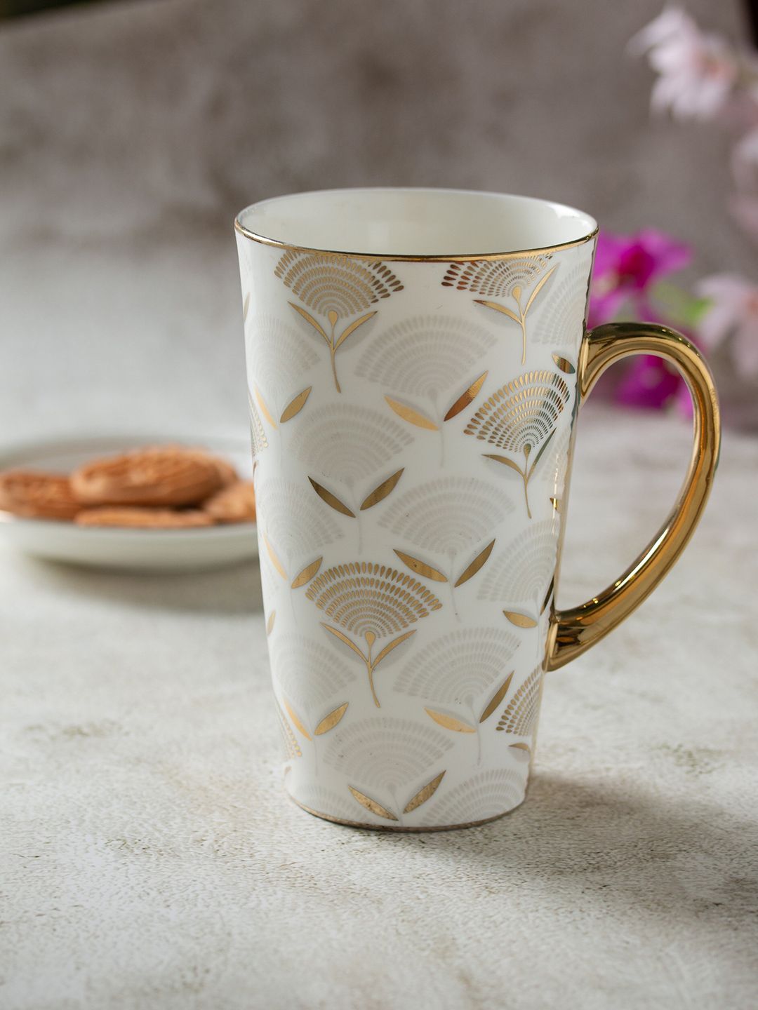 CLAY CRAFT White & Golden Printed Ceramic Glossy Coffee Mug - 600 ML-image-14