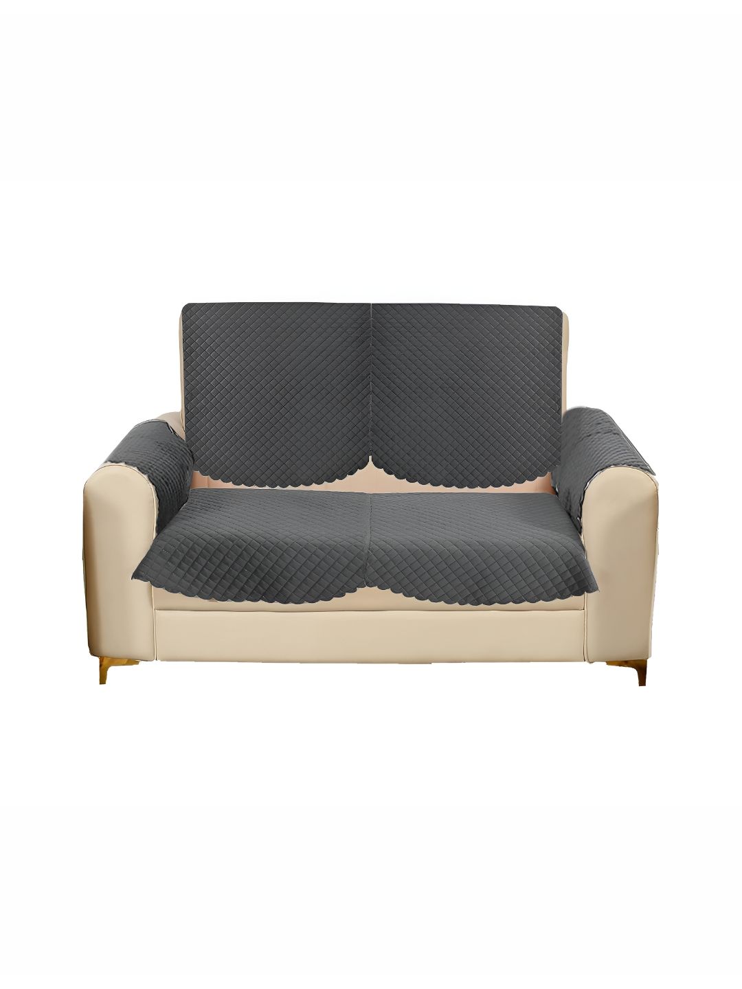 Sparrow world Grey 4 Pieces Quilted Velvet 2 Seater Sofa Cover With Arms-picture-9
