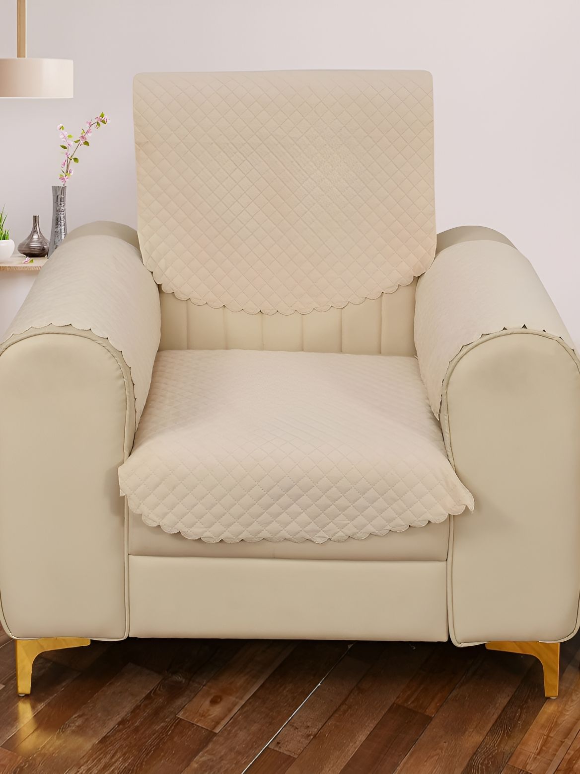 Sparrow world Beige 4 Pieces Quilted Velvet 1 Seater Sofa Cover With Arms-picture-16