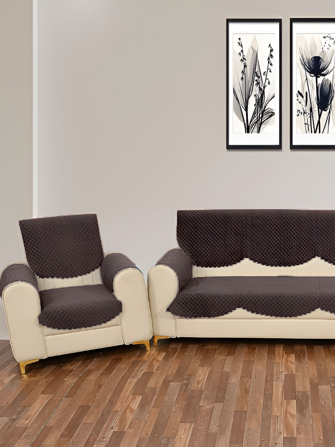 Sparrow world Coffee Brown 12 Pieces Quilted Velvet 5 Seater Sofa Cover With Arms-picture-35