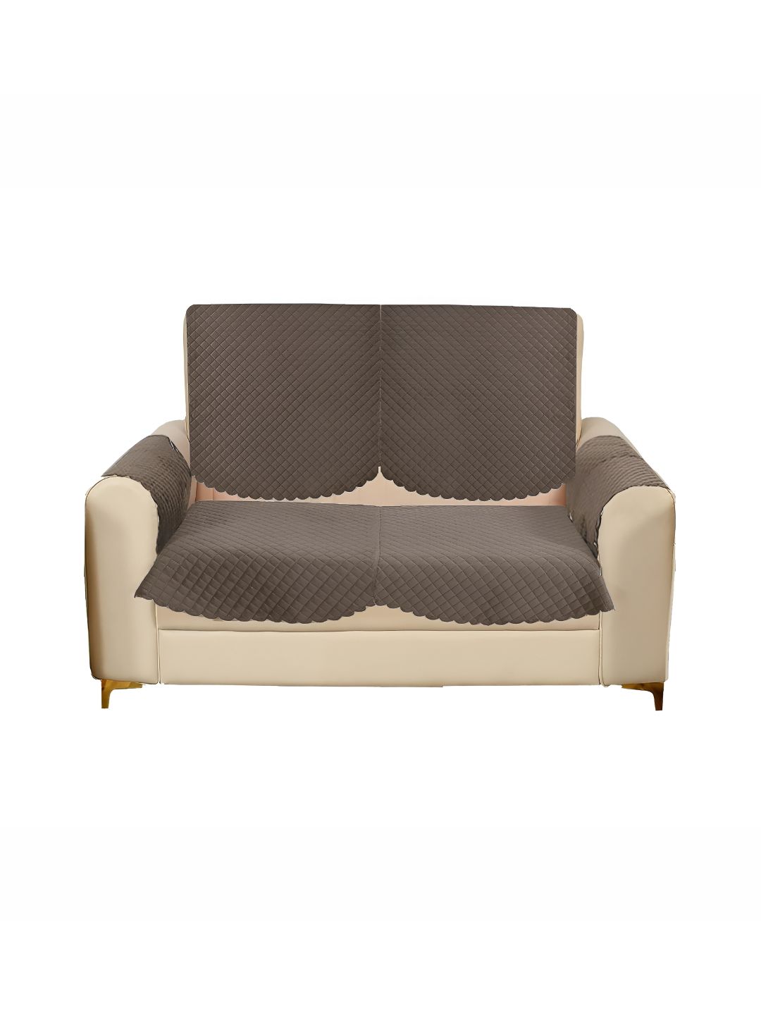Sparrow world Camel Brown 4 Pieces Quilted Velvet 2 Seater Sofa Cover With Arms-picture-7