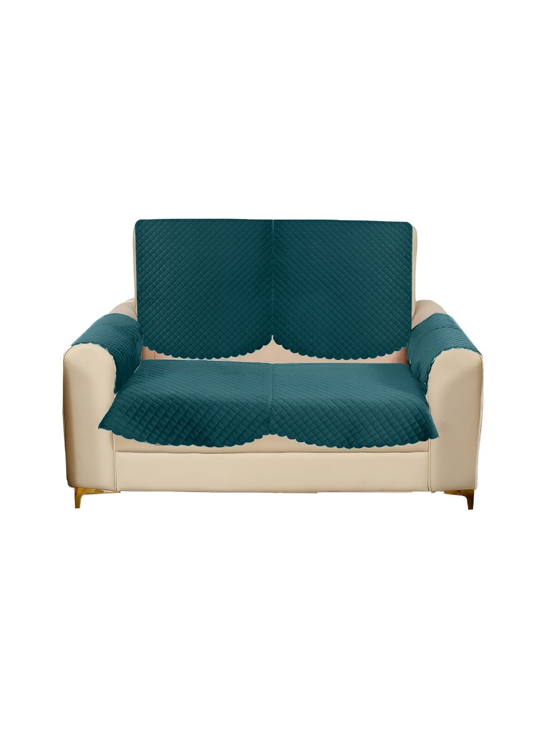 Sparrow world Teal Green 4 Pieces Quilted Velvet 2 Seater Sofa Covers With Arms-picture-4