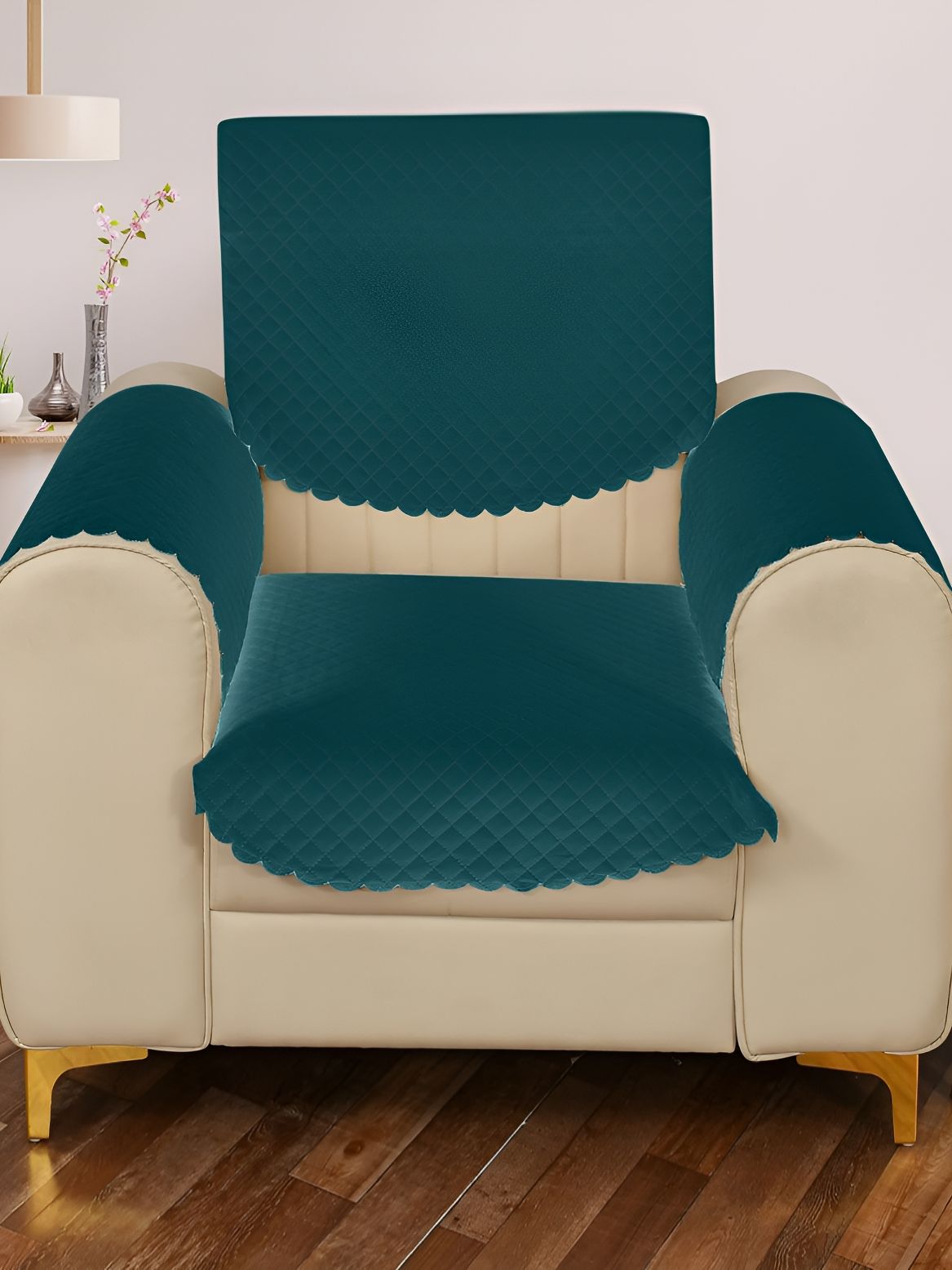 Sparrow world Teal 4 Pieces Quilted Velvet 1 Seater Sofa Cover With Arms-picture-55