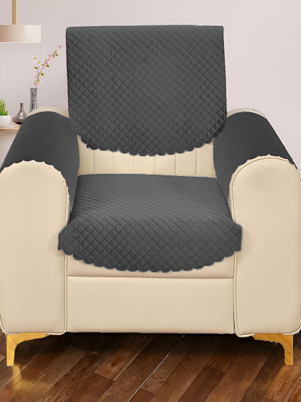 Sparrow world Grey 4 Pieces Quilted Velvet 1 Seater Sofa Cover With Arms-picture-17