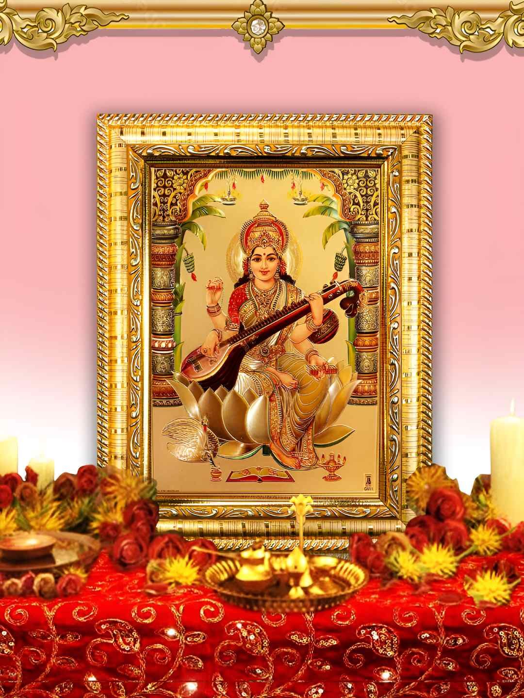 Hawai Gold Plated & Green Goddess Saraswati Wood Wall Photo Frame