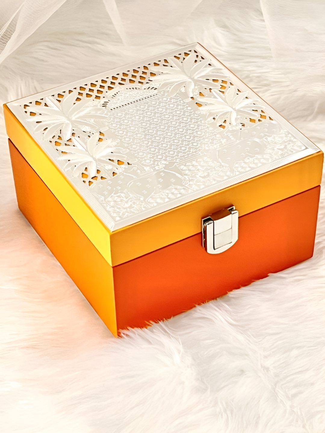 Timaya's Decor Kamadhenu Yellow & Orange Silver-Plated Gift Box-image-5