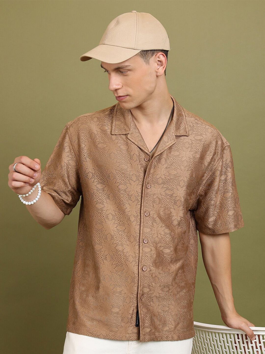HIGHLANDER Self Design Cuban Collar Drop-Shoulder Sleeves Crochet Oversized Casual Shirt